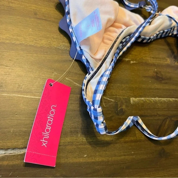 Xhiliration Plaid Gingham Preppy Bikini Top Scalloped Blue Small - Picture 5 of 5
